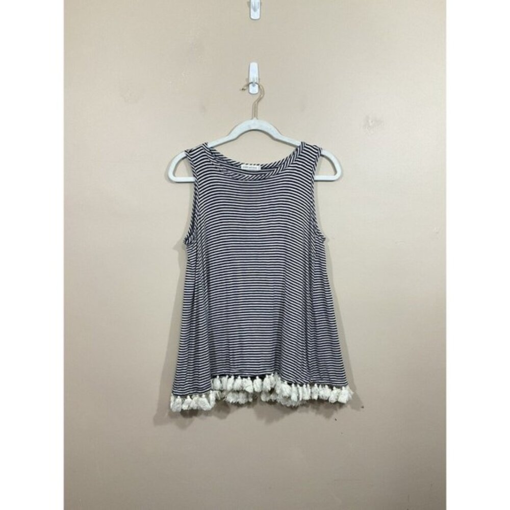 Womens Striped Tank Top Blue White Tassels Coastal Preppy Beach Nautical Small
